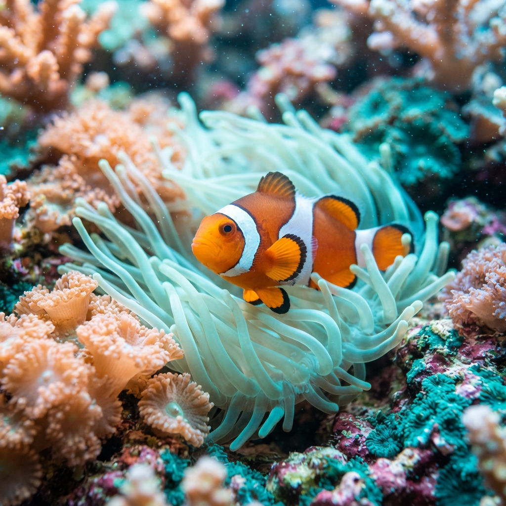 橙白相间的小丑鱼游在海葵与珊瑚之间,海缸氛围示意